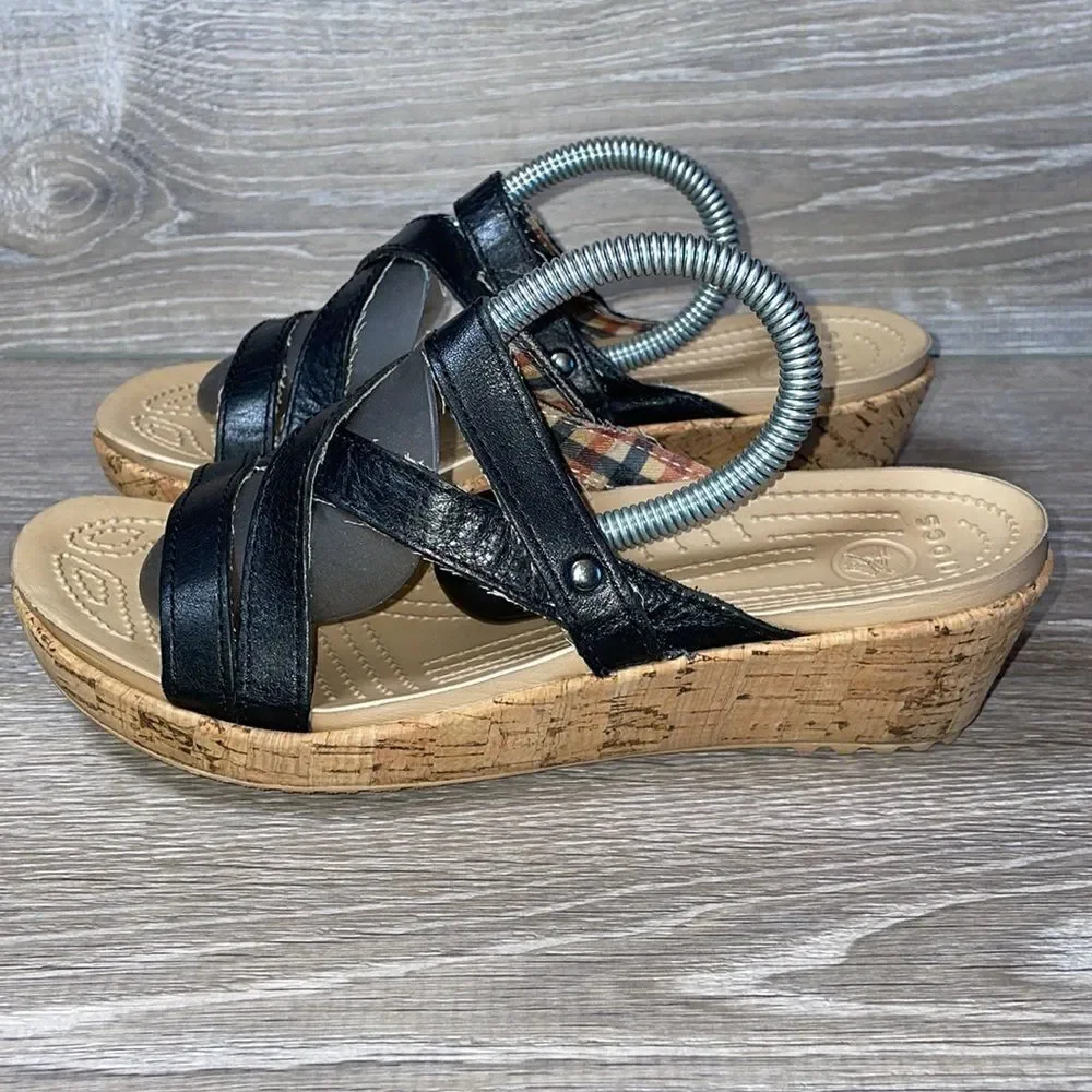 Crocs A-Leigh Cork Wedge Black Leather Strappy Women’s Size 9 Slip On Sandals